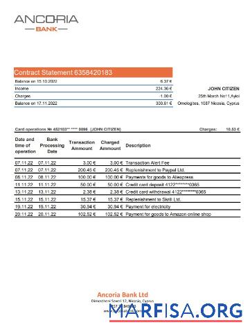 Printable Cyprus Ancoria bank statement excel real example